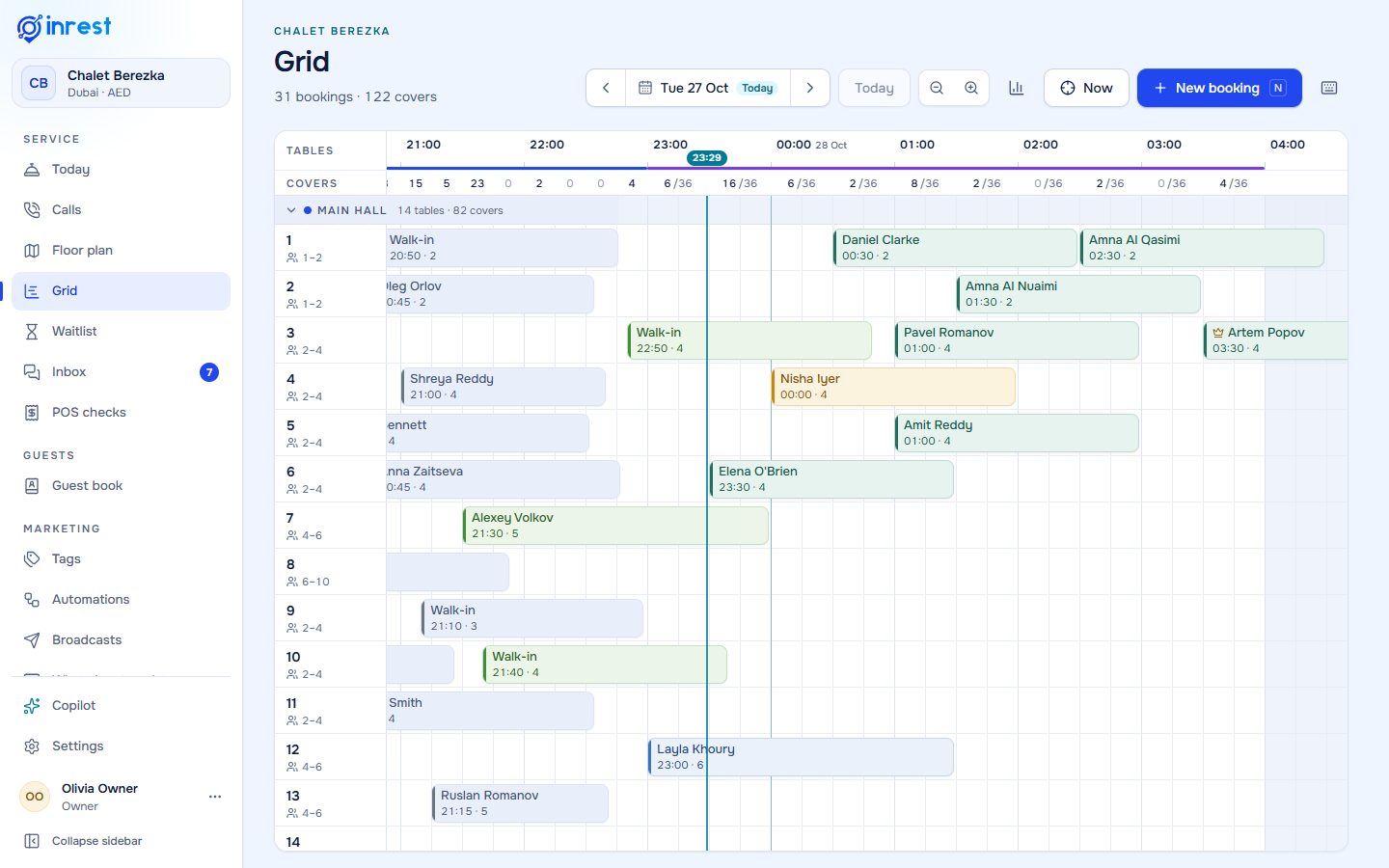 Grid of tables against hours from 21:00 to 04:00 with bookings as bars