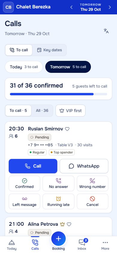 Calls screen on a host's phone with buttons to call or WhatsApp each guest