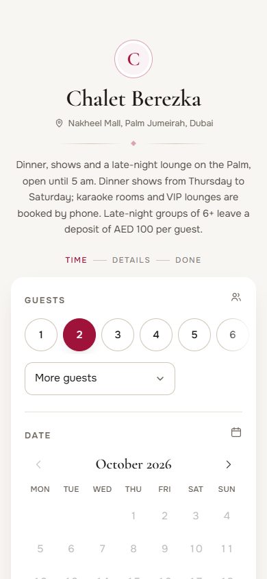 The booking widget on a phone, choosing a date and party size