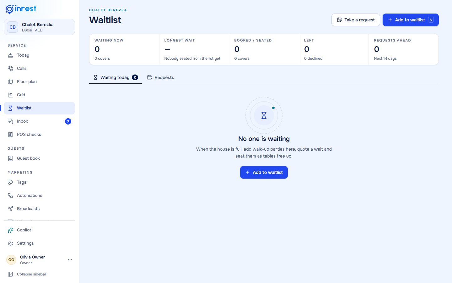 Waitlist screen with walk-in parties and their wait times